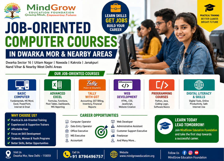Free Education, Computer Training, digital literacy, skill development & Women Empowerment NGO in Dwarka Mor, dwarka Sector 16, Uttam Nagar & Dwarka